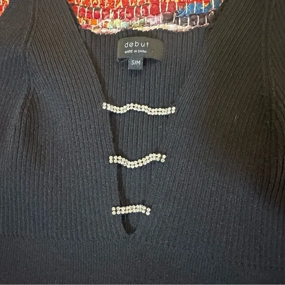 Debut Black Ribbed Tank Top with Jewel‎ Detail S/M - Picture 2 of 10